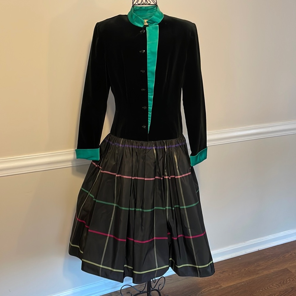 Frank Massandrea VINTAGE 80s Black Velvet Plaid Taffeta Skirt HOLIDAY Christmas